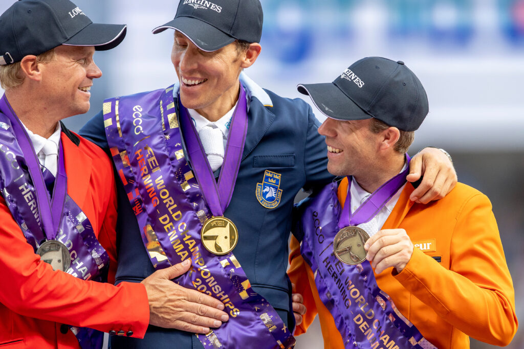 Individual Podium, von Eckermann Henrik, SWE, Guery Jérôme, BEL, Van der Vleuten Maikel, NED
Ecco FEI World Championships Herning 2022
© Hippo Foto Media - Dirk Caremans
14/08/2022